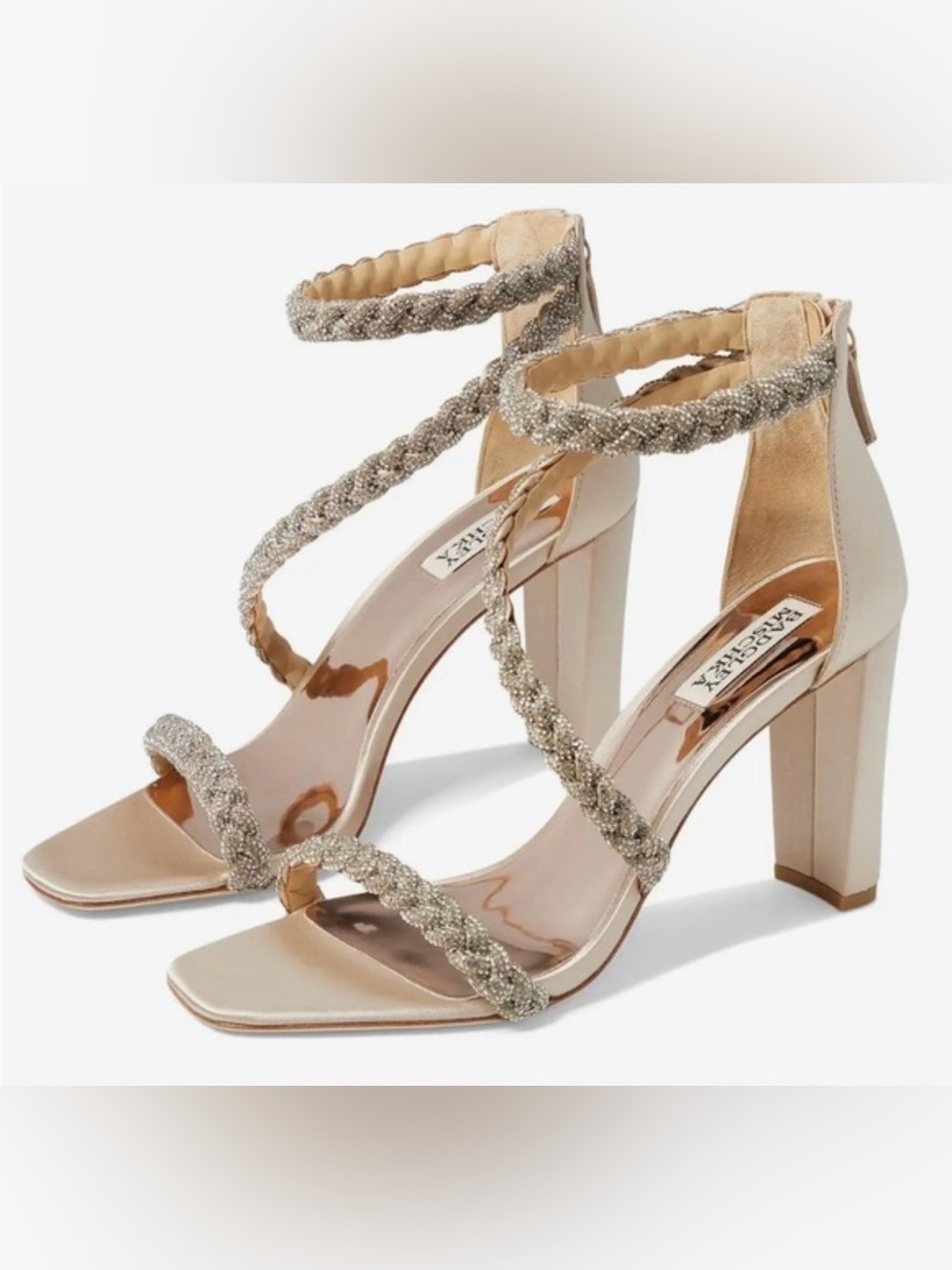 New Badgley Mischka Fenix Embellished Ankle Strap Sandal in Soft Gold size 7